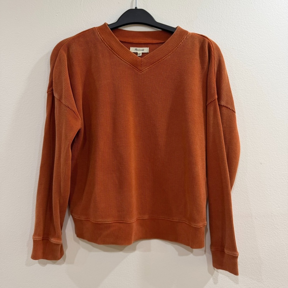Madewell Boxy Sweatshirt Small Tee Waffle Knit 100% Cotton V-Neck Orange